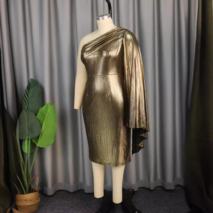AM030325 Designer One-Shoulder One-Sleeve Dress Luxury Bronzing Banquet Graduation Dress