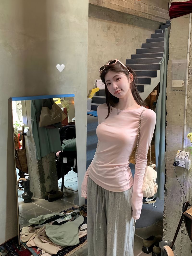 [레이온 모달] 여성용 오른쪽 어깨 긴팔 티셔츠, 자외선 차단 블라우스, 슬림핏 바텀 셔츠, 탑 핑크