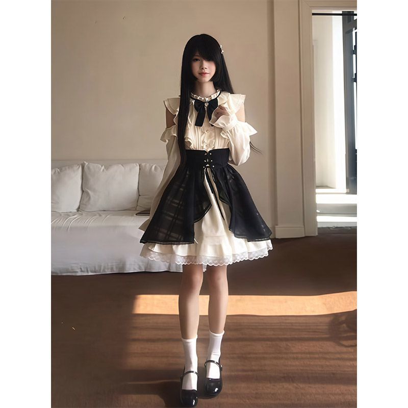 In Stock: Black Truffle Cake Japanese Sweet School Style Bowknot Dress + Plaid Overlay Skirt Two-Piece Set
