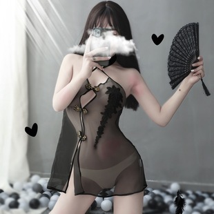 Sexy Underwear Mesh Perspective Republic of China Dress Sexy Uniform Temptation Passion Suit Retro Women's Embroidered Cheongsam Suit