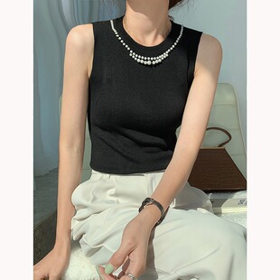 Quzhu Ice Silk Spring and Summer Sleeveless Pearl Knitted Base Shirt Small Camisole Women's Slim-fit Outer Wear Inner Top