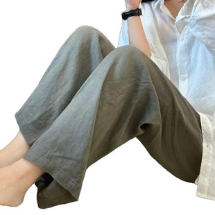 Pants blow-up, upper body giant thin! Don't pick people ~ elastic waist lace-up design brown linen straight trousers