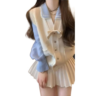 College-style temperament high-end shirt vest pleated skirt three-piece set 2025 spring new fashion age-reducing women's clothing
