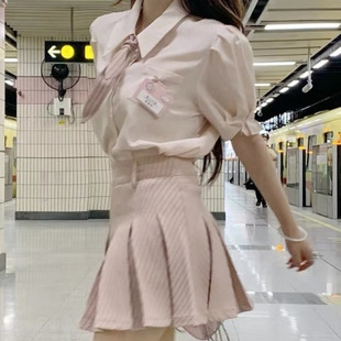 College Style Hot Girl JK Uniform Pleated Skirt Pink Fashion suit Women's Summer Chic Age-reducing Stylish Shirt Two-piece Set
