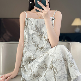 Spring and summer new vintage suspenders dress one-character collar fresh women's printed skirt ink painting
