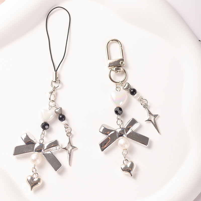 Silver Bow Mobile Phone Chain Versatile Bag Pendant Ins Style Polaroid Guka Pendant Heart Key Chain Chain