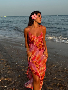 Europe and the United States cross-border 2024 new red printed suspender skirt backless slim split dress socialite style