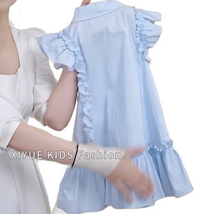 Girl's Summer Skirt 2025 New Style Big Boy Girl's Western Style Flying Sleeve Shirt Skirt Children's Thin White dress