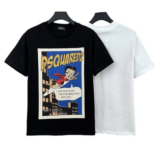 DT036 Cartoon Printed Slightly Wide Loose D2 New Short-sleeved T-shirt Men's Crewneck Top Cross-border Base Shirt T