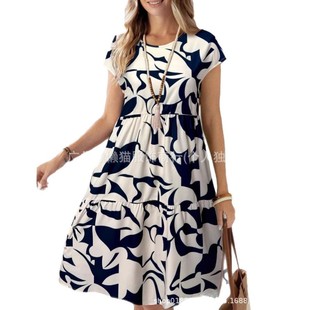 2025 New Amazon European and American Loose plus size Women's Crewneck Fashion High Long Sleeve Printed V-Neck dress