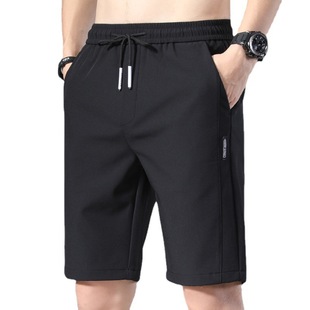 Ice Silk Shorts Men's 2023 Summer New Korean Style Loose Stretch Stitching Labeled Beach Half Pants