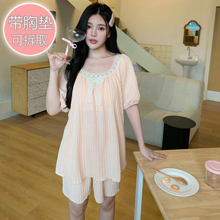 6535 Jacquard Pajamas Women's Summer Sweet Short-sleeved Shorts with Chest Pad Plus Size 240 Jin Home Wear