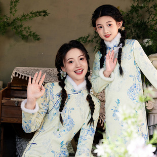 Wan Banner Western-style Mother's and Women's Dresses Winter New National Style Parin-Child Dress Girls' Tang Dress Chinese Style Dress Mid-length Fashion Retro