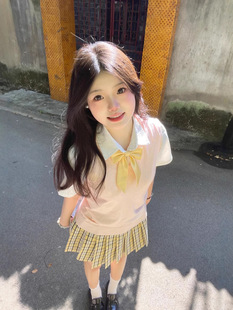 Small apricot medium/original school supply sense jk plaid skirt A- shaped skirt women's basic shirt knitted vest plaid skirt set