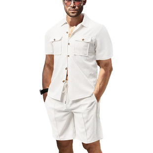 New summer cross-border European and American men's Amazon waffle solid color pocket shirt short sleeve shorts two-piece suit