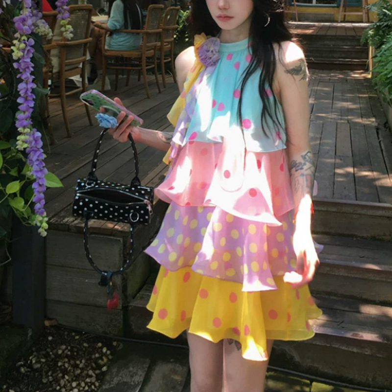 Dopamine Girl Mid-Length Colorful Sleeveless Halter A-Line Polka Dot Layered Dress for Women, Sweet Summer Dress