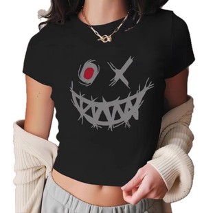 Summer Cross-border y2K Street Gothic Smiley Slim-fit Sexy Black Beauty Style Navel-exposed Short-sleeved T-shirt Women's T-shirt
