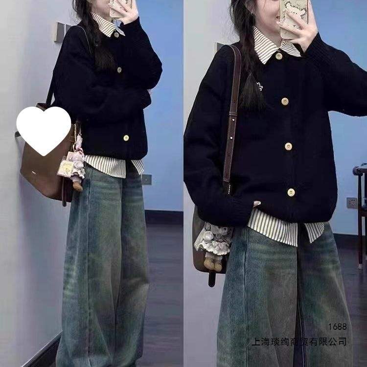 Korean-style patchwork two-piece college-collar faux shirt sweater coat, autumn/winter polo, casual knit cardigan, black