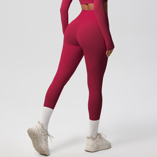 Cross-border Europe and the United States High Waist Pocket Running Hip Peach Fitness Sports Pants Naked Sanding Wear Yoga Clothing Two Pieces