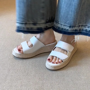 Cowhide Version! Fashionable Straw Wedge Simple Open-Toe Sandals for Women with Thick Soles, Versatile for Outdoor Wear, Velcro Slip-On