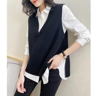 Knitwear sweater vest women's autumn and winter New outer wear slit sleeveless top V-neck loose pullover vest