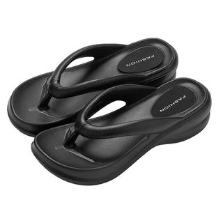 Heeled Flip-flops Women's Outfit Summer Non-slip Thick Bottom 2024 New Style Sandals and Slippers Simple Women's Beach Shoes