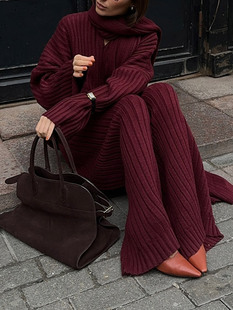 Real shot-European and American wool suit women's autumn and winter high-grade solid color v-neck sweater straight trousers two-piece women
