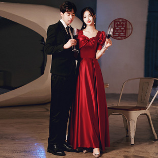 Satin toast dress bride 2024 new wedding fashion elegant engagement slim evening dress female Red Spring
