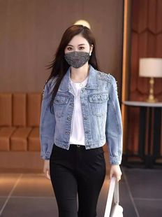 European-made Beaded Denim Coat Women's Spring and Autumn 2024 Summer New Style Chanel Long-sleeved Short Jacket Top for Petite