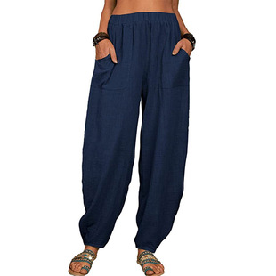 European and American Cross-border Women's Clothing Amazon wish Solid Color Loose Cotton and Linen Casual Pants Home Harlan Women's Pants
