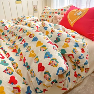 Ins Dopamine Love Four-piece Set Washed Quilt Cover Bed Sheet Student Dormitory Bed Three-piece Set 4