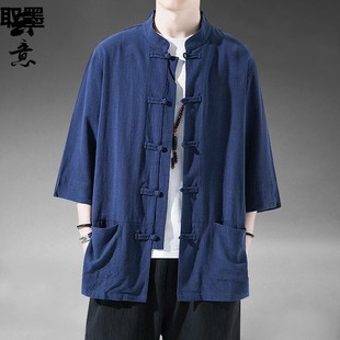 Summer Chinese Style Linen Short-sleeved Tang Suit Men's Retro Half-sleeved Hanfu Cotton Linen Husband Suit plus size Half-sleeved Tea Suit