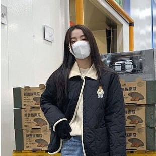 Cute fashion coat contrast stitching lapel 2024 new bear embroidered diamond plaid bread cotton-padded jacket women's fashion