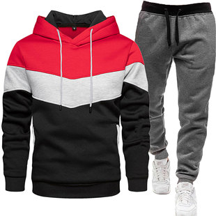 2024 Cross-border Export Men's Sports Suit Fashionable and Casual Spring and Autum Spliced Hooded Sweatshirt and Pants Two-piece Set