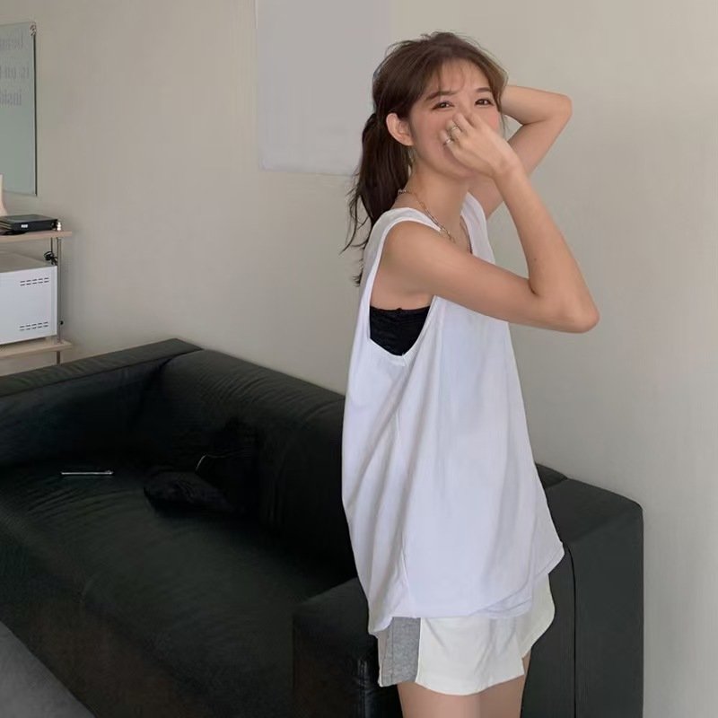 여성용 I자형 스포츠 레귤러 조끼 여름 아우터 루즈한 이너 레이어링 중간 길이 민소매 티셔츠 탑 인 언더셔츠