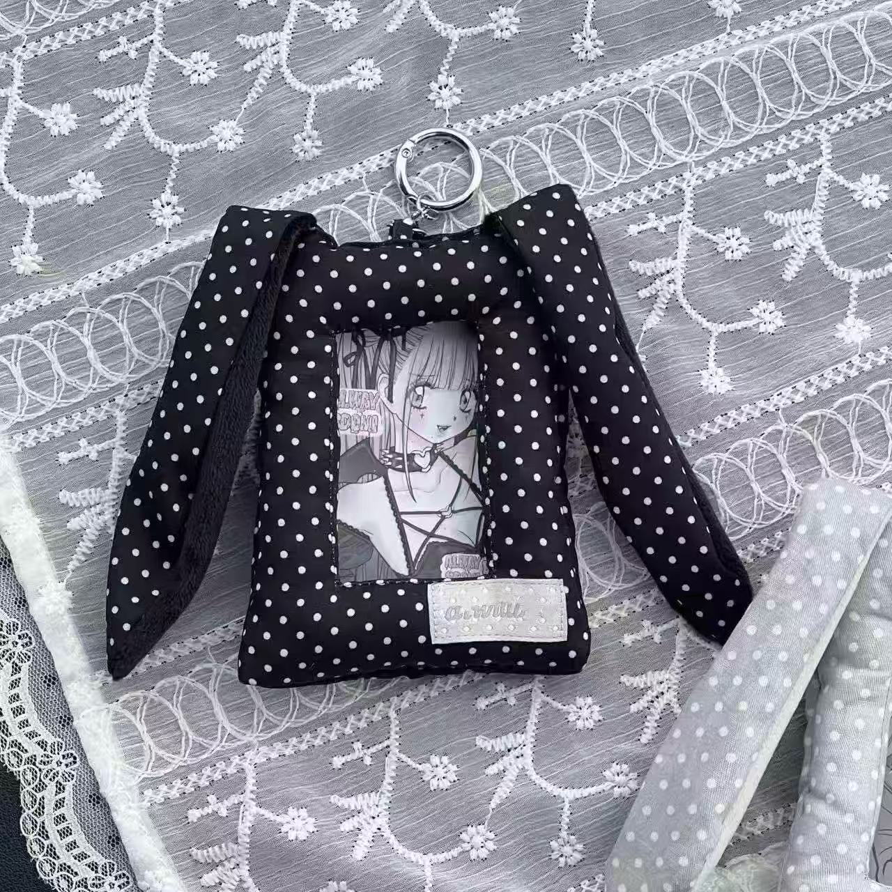 Korean-Style Polka Dot Devil Bunny Ear Card Holder Pendant, Polaroid Photo Id Holder Pendant, Campus Card Anti-Loss Meal Card Holder