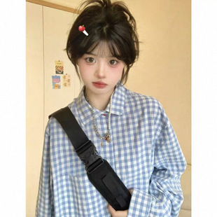 Korean Style Chic Sunscreen Plaid Shirt Pink Loose Casual Lazy Style Long Thin Cardigan Shirt