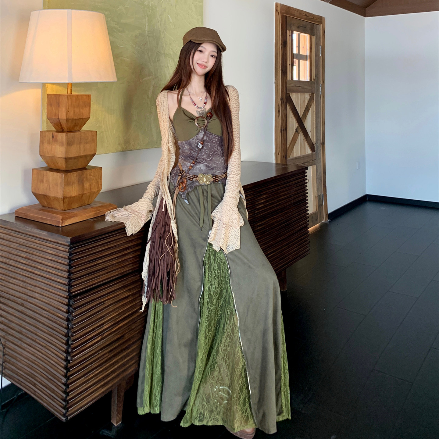 Retro Forest-Style Green Skirt Suit for Women, Summer Dress, Xinjiang Yunnan Travel and Vacation Outfit Dress