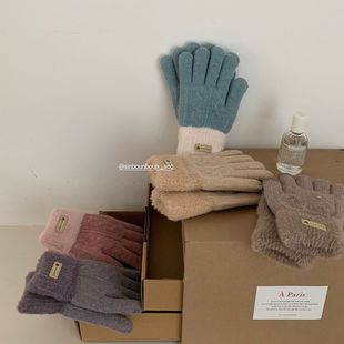 Winter Color-matching Gloves Thickened Warm Plush Double-layer Touch Screen Knit Gloves Women's Winter Cute Riding Gloves