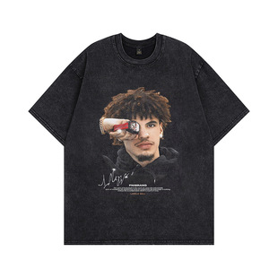 High street American retro fried flower casual oversize trendy pure cotton T-shirt NBA star printed loose short sleeve men