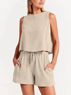 6491# Cross-border Women's New Summer Leisure Sleeveless T-shirt Shorts suit Europe and America Simple Solid Color Two-piece Set