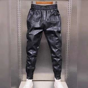 Winter Warm fleece-lined Leather Pants Men's Foot Thickened Casual Pants Fashionable Brand Korean PU Leather Foot-tied Pants