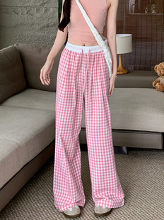 [Customized processing] Contrast black and white plaid wide leg pants lazy wind loose drawstring elastic waist straight casual pants