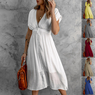 2023 European and American Summer New Double-layer Tulle Solid Color Dress Women's Amazon Cross-border Deep V Short-sleeved Waist Long Dress