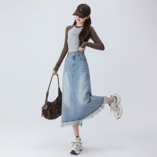2025 new semi-rubber Denim dress slimming Joker knee-length skirt plus size women's fat MM230 kg