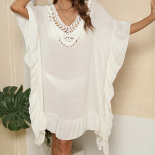 Women's dress cross-border European and American women's hand hook stitching ruffled beach skirt bikini outer blouse