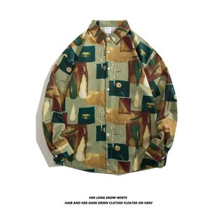 vintage Shirt Couple's Hong Kong Style Design Full Oil Painting Flower Long Sleeve Shirt Men's Loose Couple's Jacket