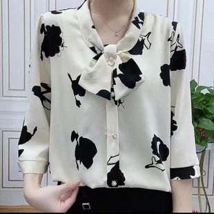 YXBB Seven-Sleeve Ribbon Chiffon Shirt 2023 Summer New Fashion Mother's Loose Thin Shirt Women