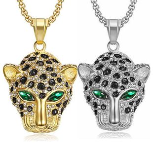 Europe and the United States cross-border new hip hop HIPHOP jewelry titanium steel gold plated diamond leopard head pendant necklace