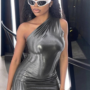 Cross-border New Sleeveless Slant Collar Dress Fluorescent Solid Color Tight High Waist Dress Slim-fit Hip Pencil Long Dress Women's Clothing
